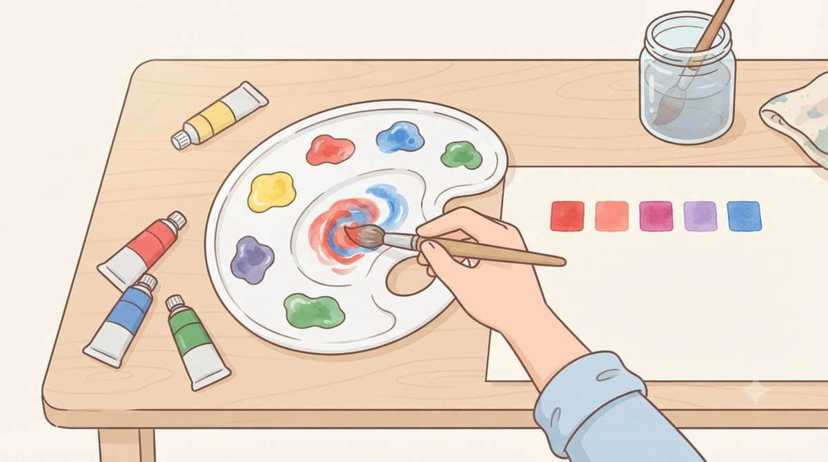 パレットの上で赤と青の絵の具を混ぜている手元のイラスト