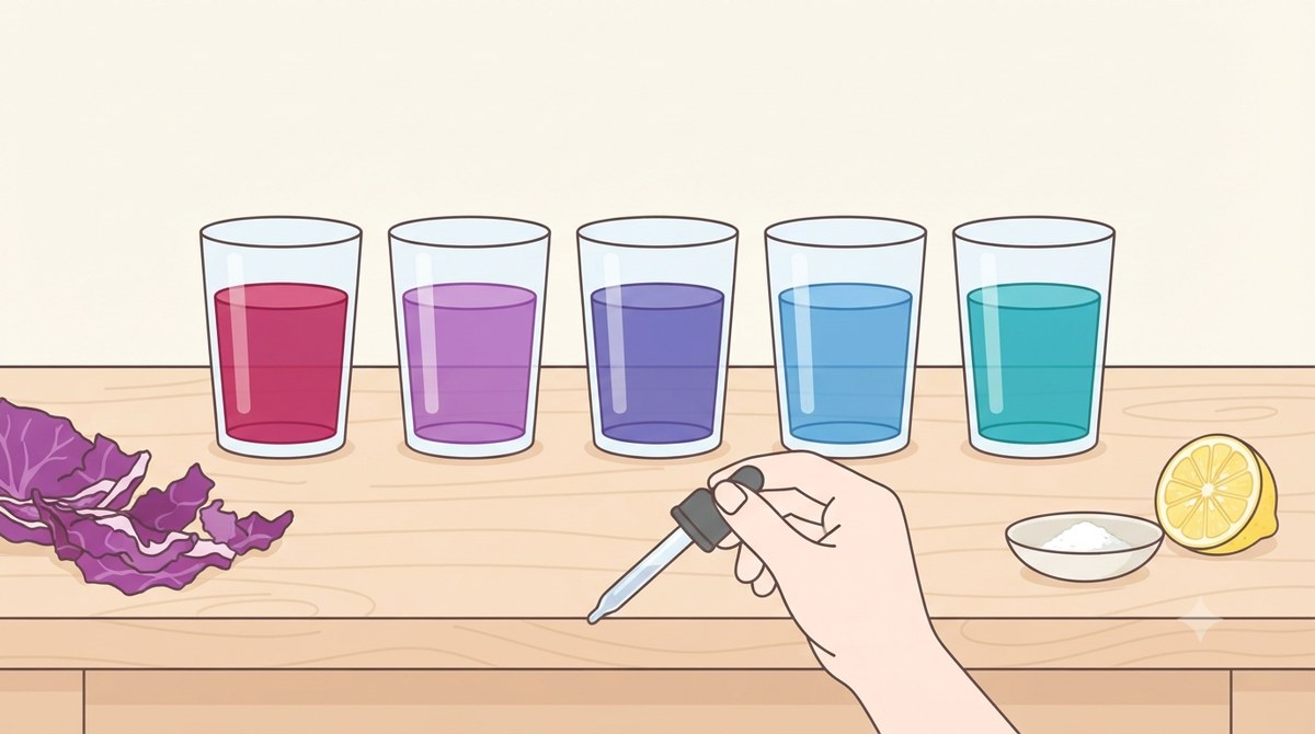 紫キャベツの汁が入った5つのコップの色が順に変わっているイラスト