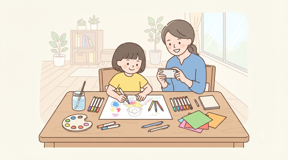 親子でテーブルに向かって自由研究に取り組んでいるイラスト