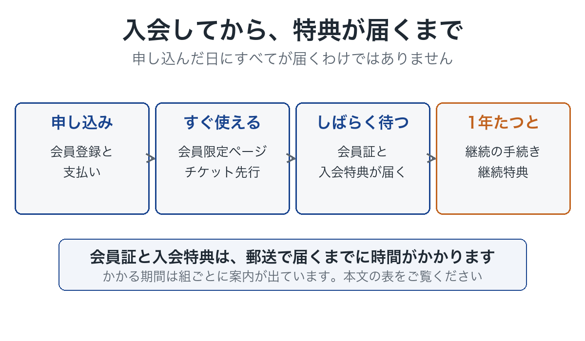 申し込みからすぐ使えるもの、郵送で届くもの、1年後の継続特典に分けた流れの図