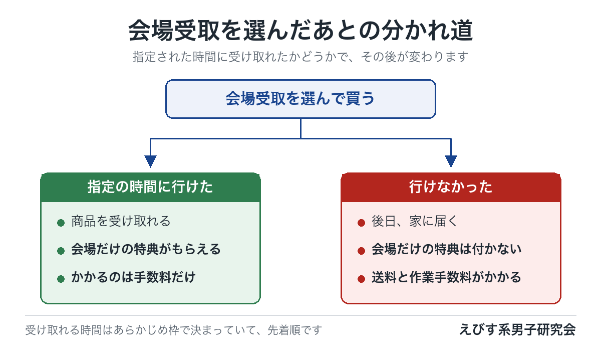 会場受取を選んだあと、指定の時間に受け取れた場合と受け取れなかった場合の違いを示した図