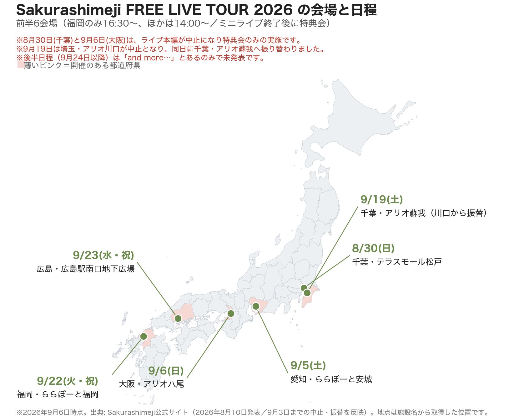 Sakurashimeji FREE LIVE TOUR 2026 前半6会場の位置を示した全国地図。千葉・愛知・大阪・埼玉・福岡・広島が薄いピンク